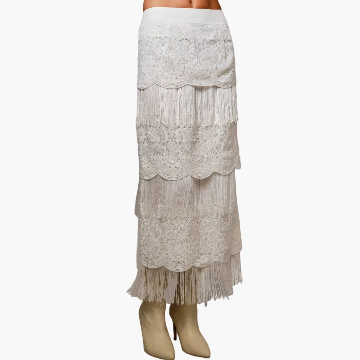 Tiered Western Lace & Fringe Maxi Skirt