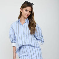 Blue Vertical Stripe Contrast Cuff Button Down Shirt