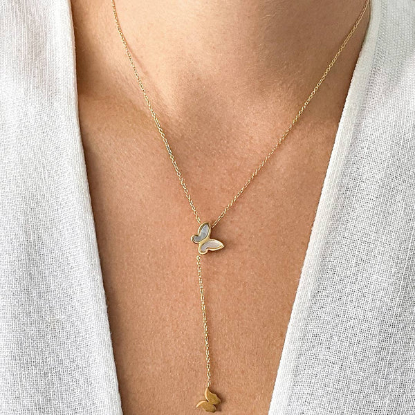 Mother of Pearl Butterfly Lariat Necklace gold