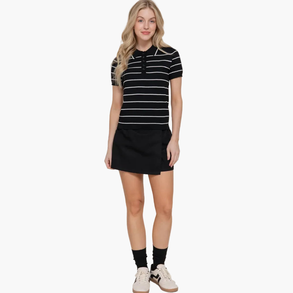 Short Sleeve Striped Polo Knit Top
