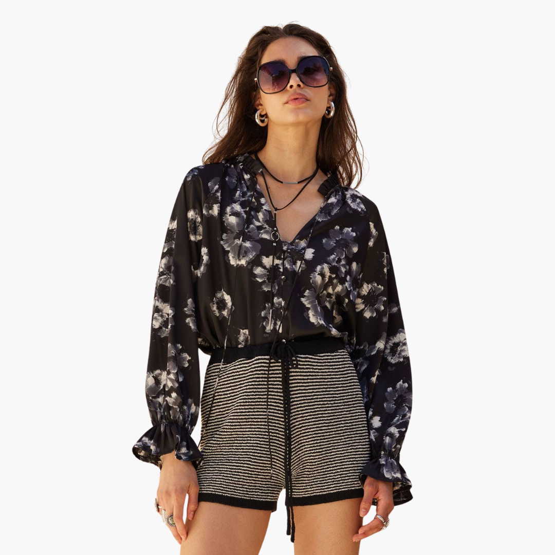 Floral-Print Satin V-Neck Buttoned Ruffle-Cuff Top