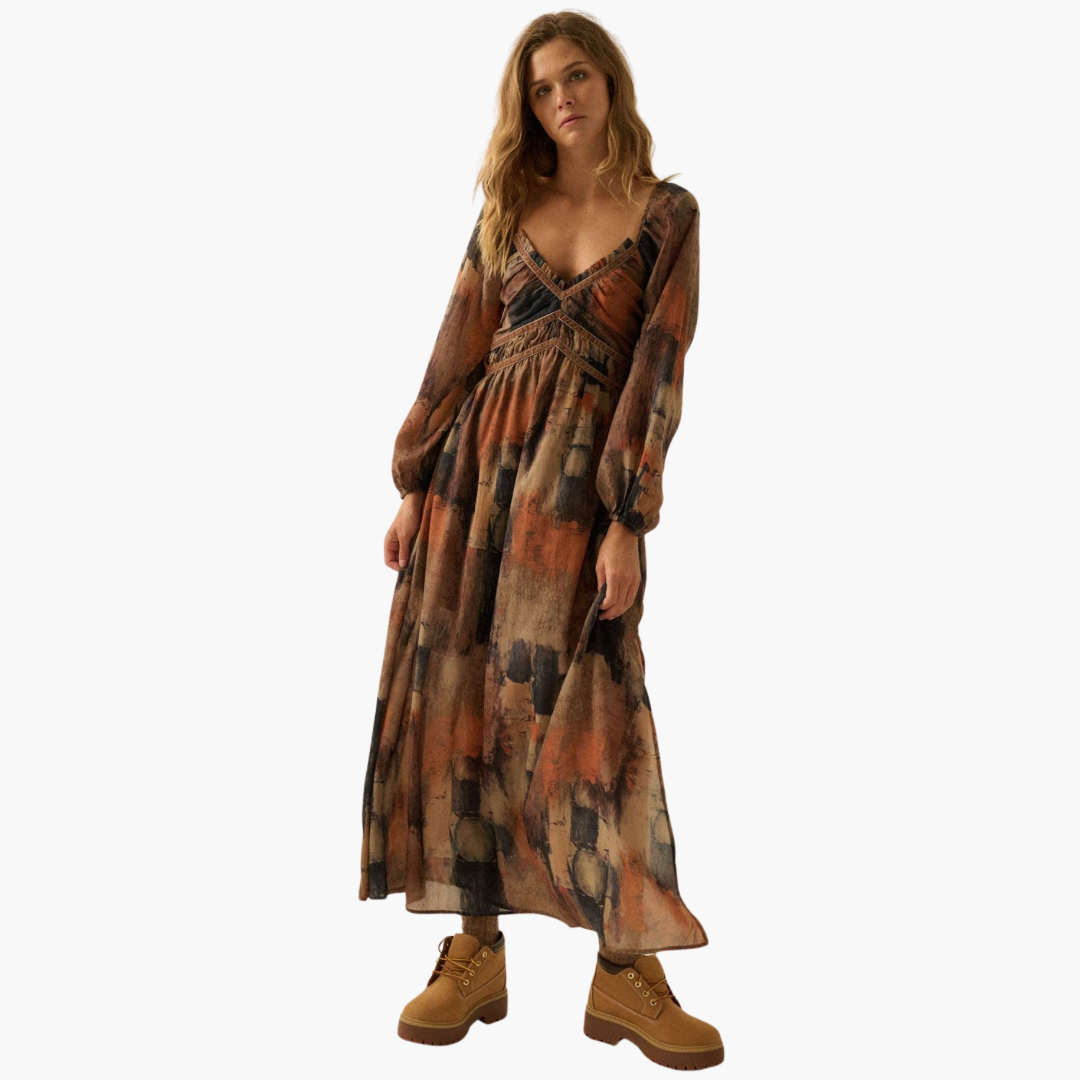 Abstract-Print Velvet-Trimmed V-Neck Maxi Dress