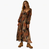 Abstract-Print Velvet-Trimmed V-Neck Maxi Dress