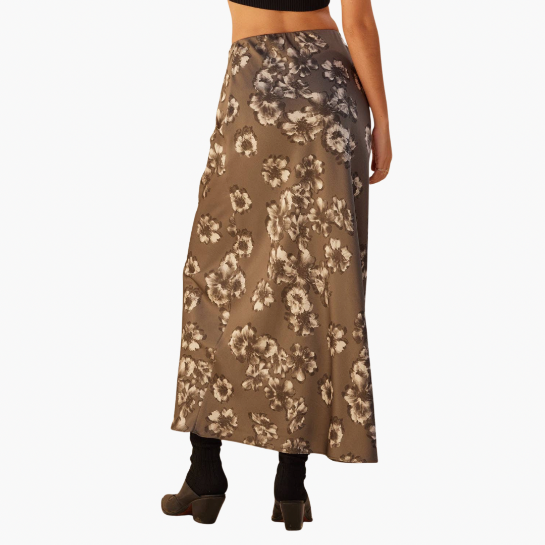 Floral Satin Elastic-Waist Straight Maxi Skirt