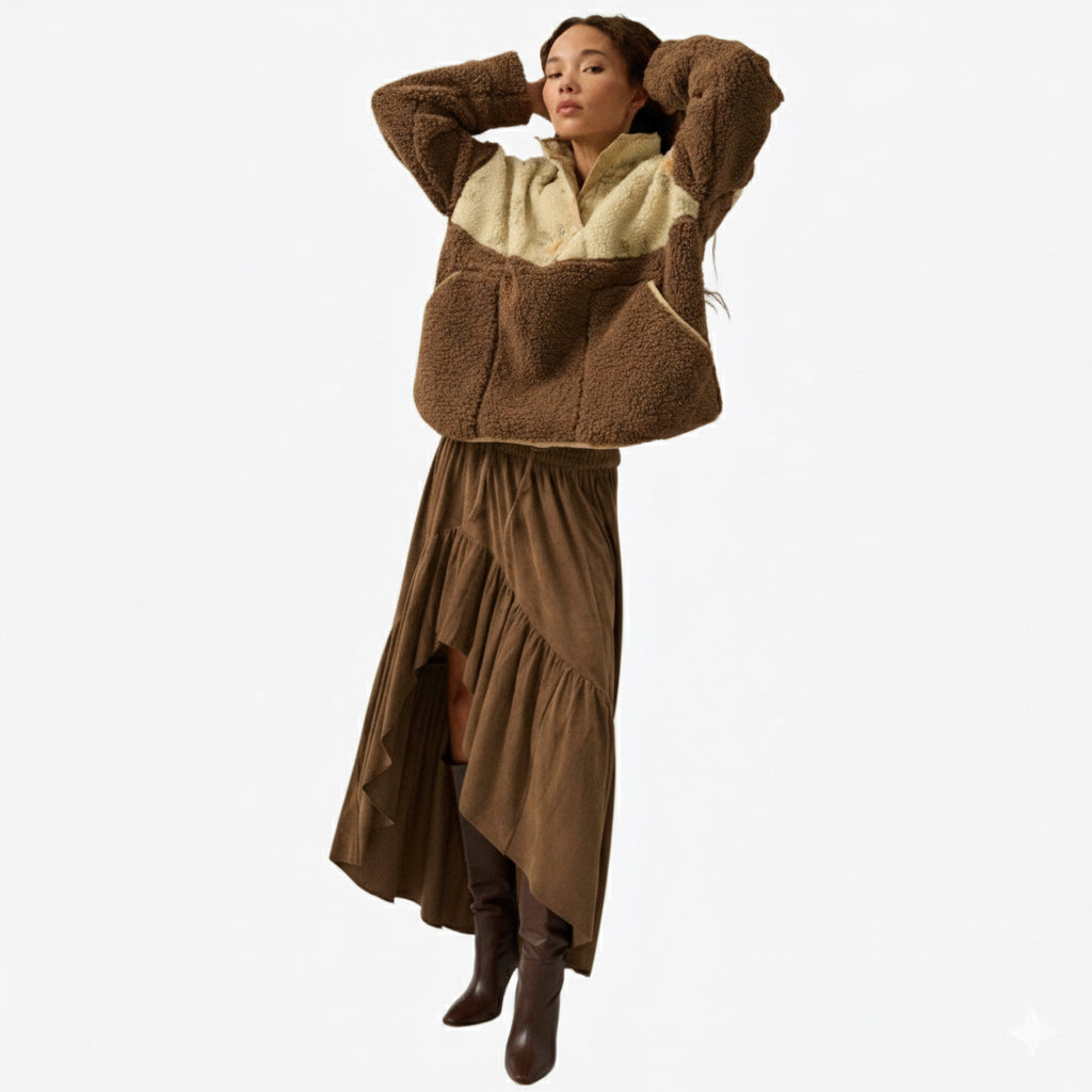 Espresso Faux Suede Asymmetrical High-Low Maxi Skirt