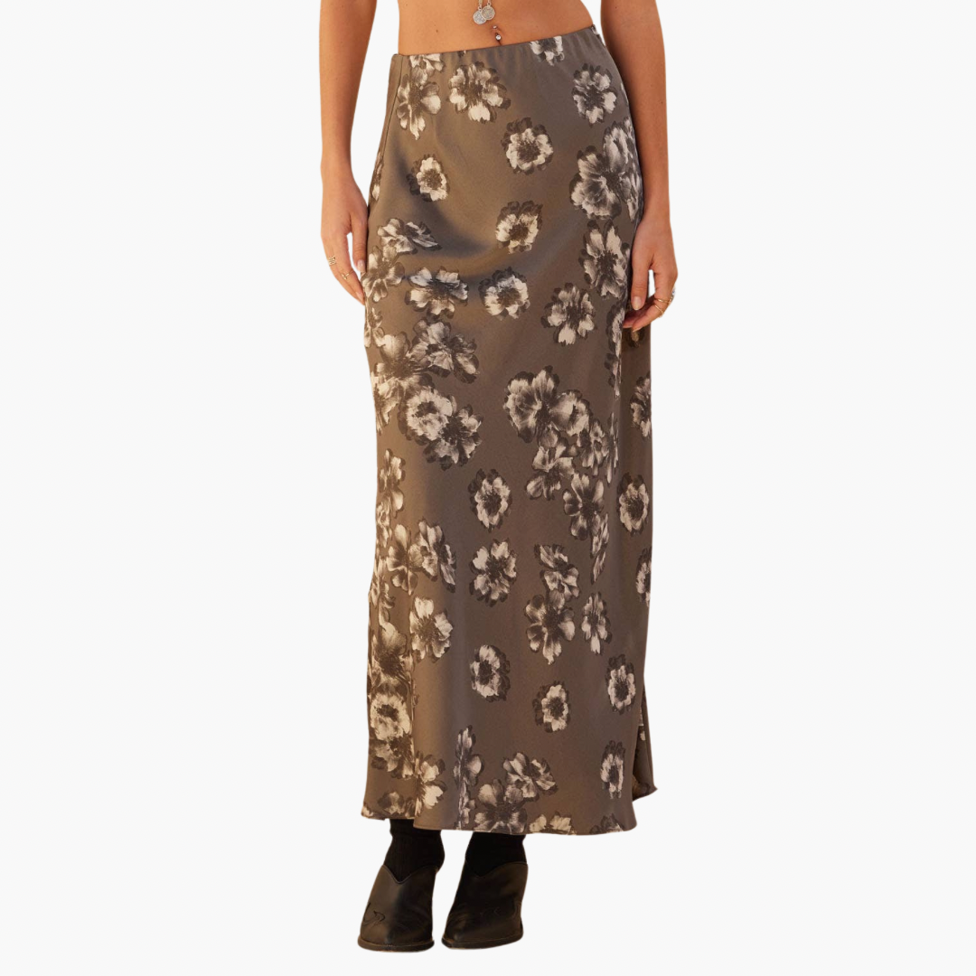 Floral Satin Elastic-Waist Straight Maxi Skirt