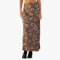Floral Satin Elastic-Waist Straight Maxi Skirt