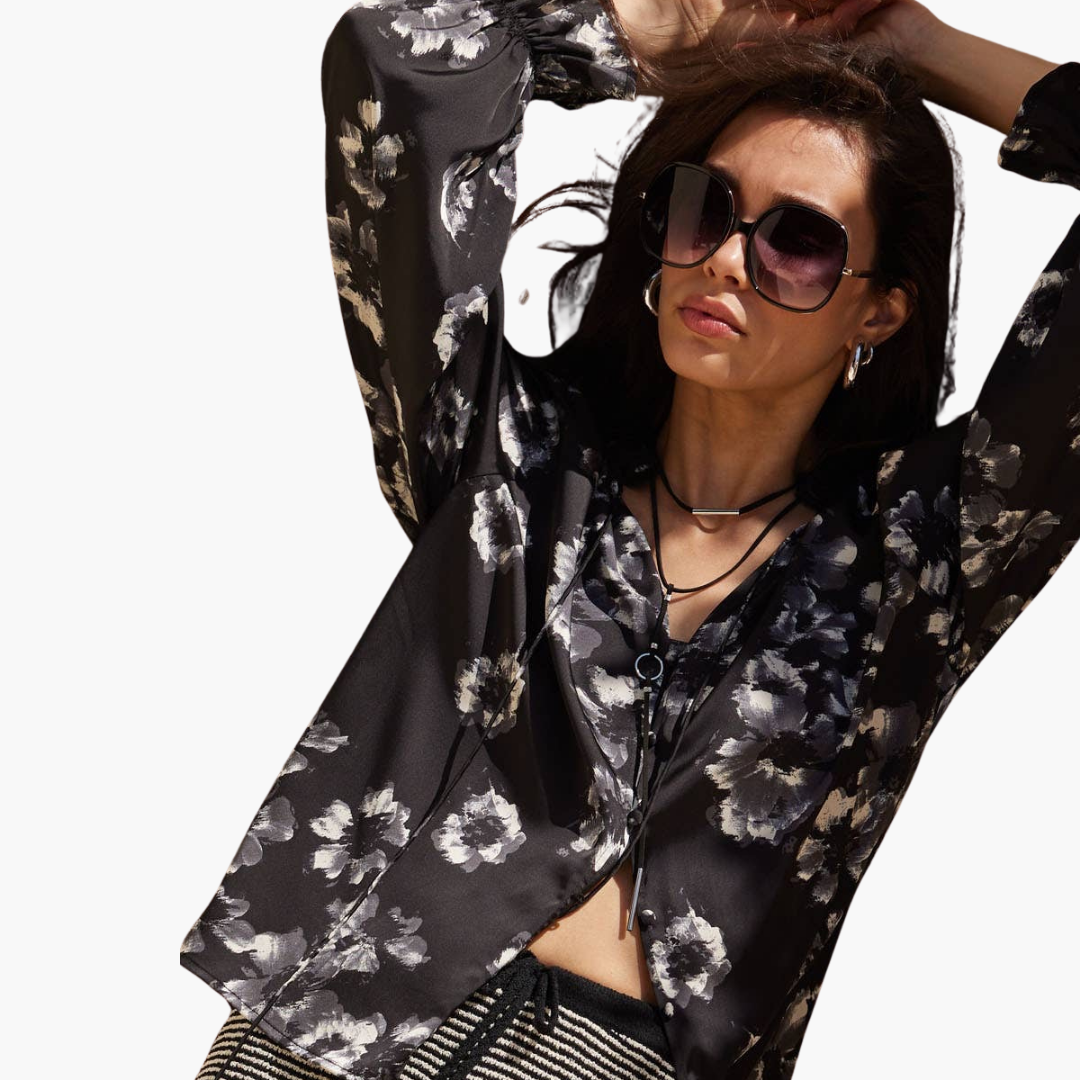 Floral-Print Satin V-Neck Buttoned Ruffle-Cuff Top