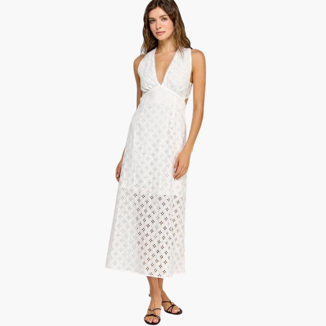 White Eyelet Maxi Dress With Open Back