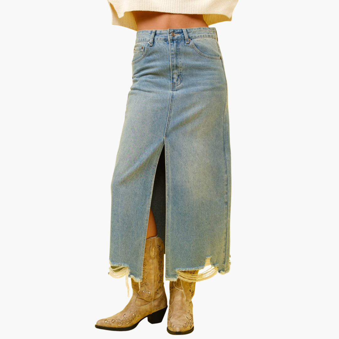 Distressed Hem Denim Maxi Skirt