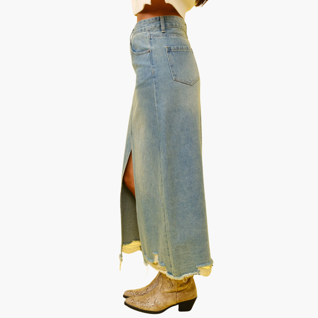 Distressed Hem Denim Maxi Skirt