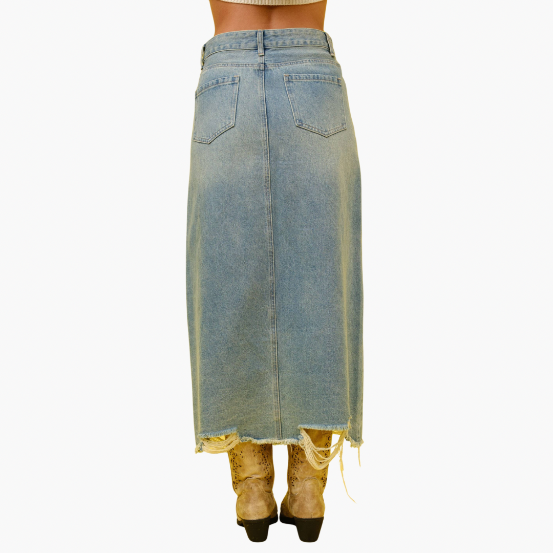 Distressed Hem Denim Maxi Skirt