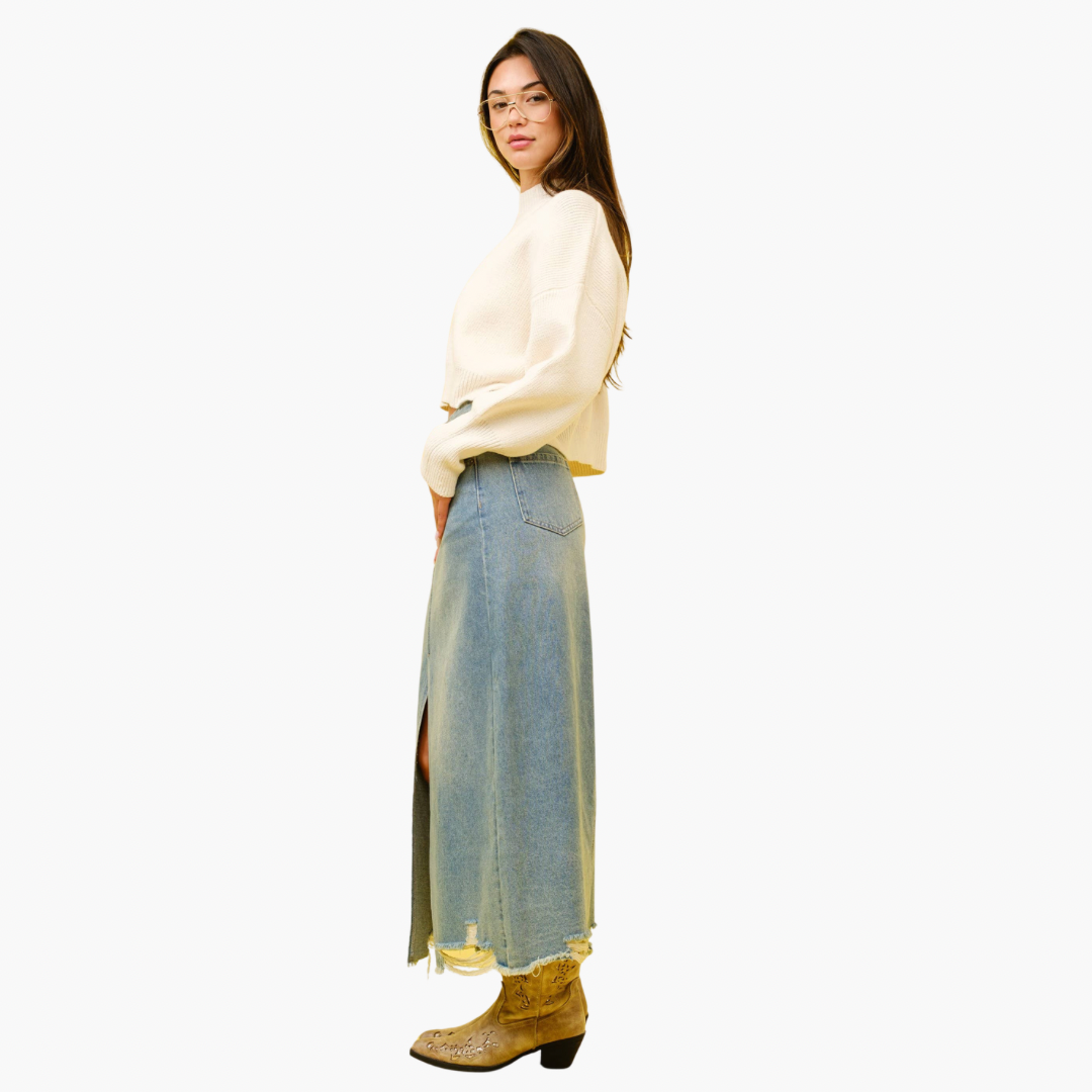 Distressed Hem Denim Maxi Skirt