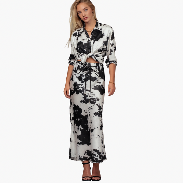 Cowhide Print Satin Drawstring Midi Skirt