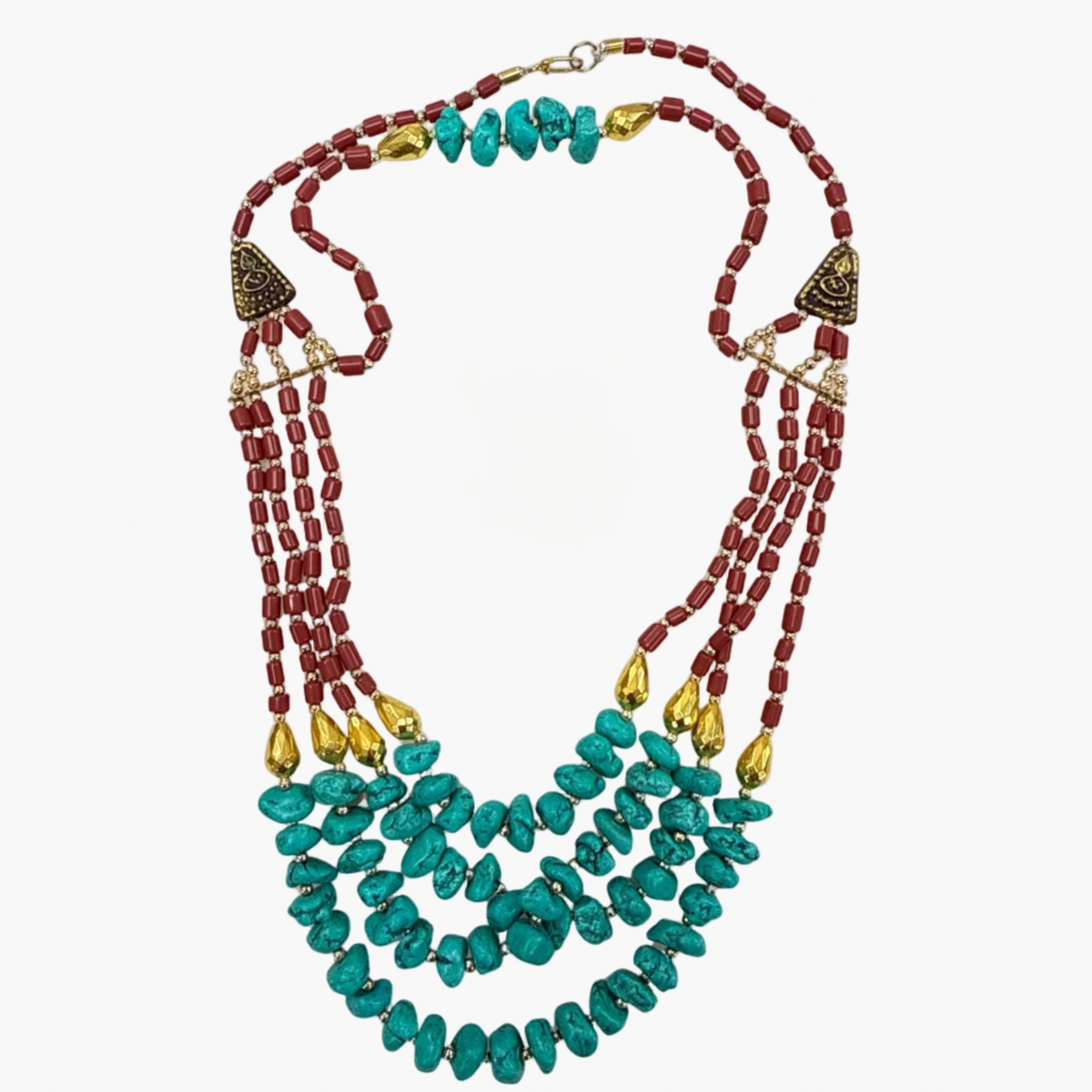 Clay Bead Multi-Strand Layered Necklace Red Blue Tone