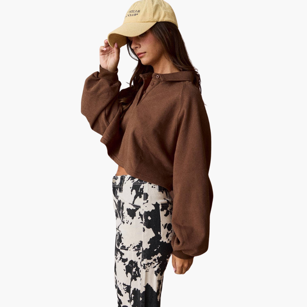 Brown Cropped Collared Pullover Sweatshirt