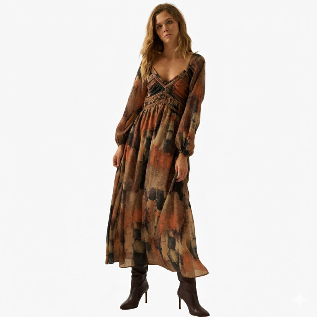 Abstract-Print Velvet-Trimmed V-Neck Maxi Dress