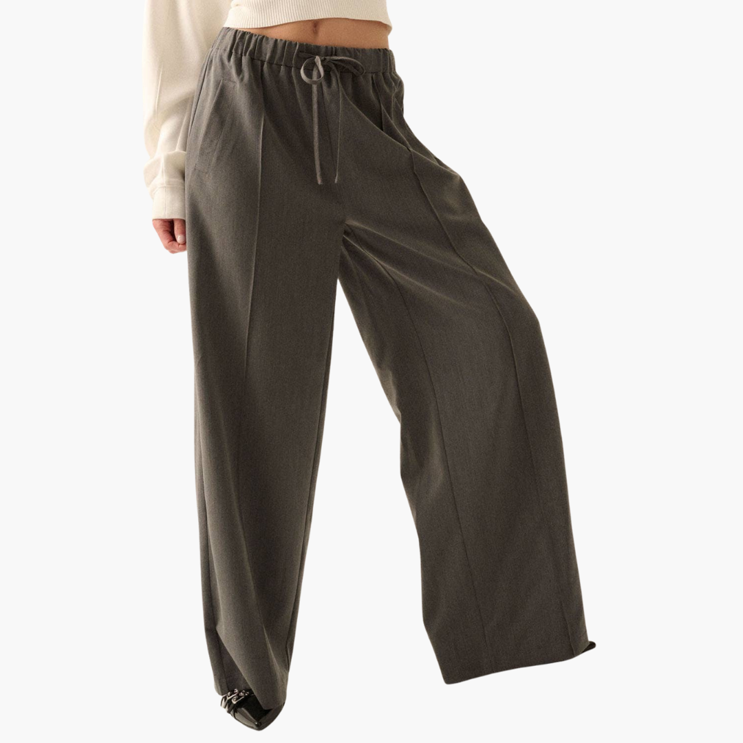 Charcoal Solid Woven Wide-Leg Pintuck Drawstring Pants
