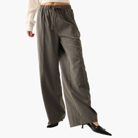 Charcoal Solid Woven Wide-Leg Pintuck Drawstring Pants