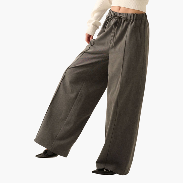 Charcoal Solid Woven Wide-Leg Pintuck Drawstring Pants