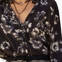 Floral-Print Satin V-Neck Buttoned Ruffle-Cuff Top