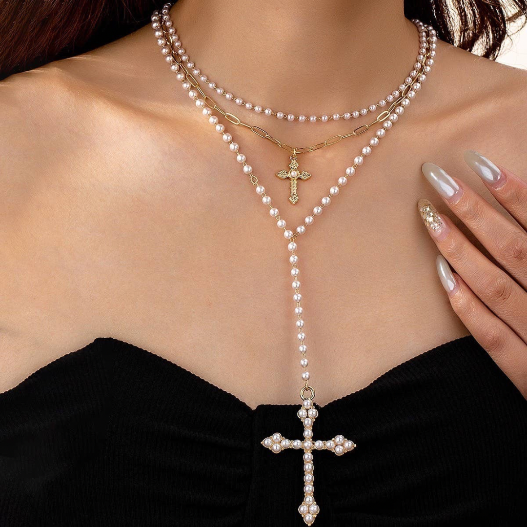 Boho Y-Neck Pearl Station Cross Necklace