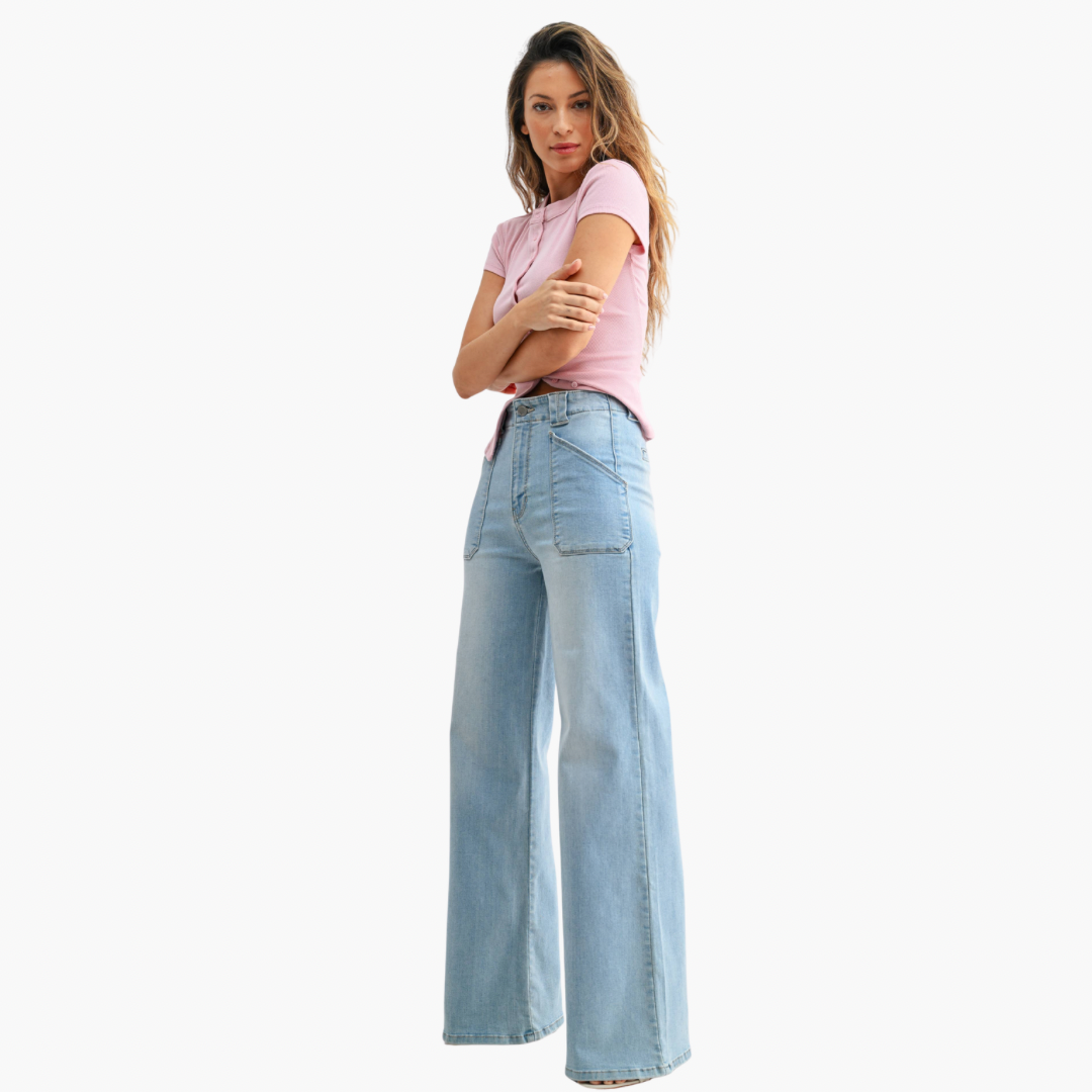 Sienna Patch Pocket Wide Leg Flare Jeans