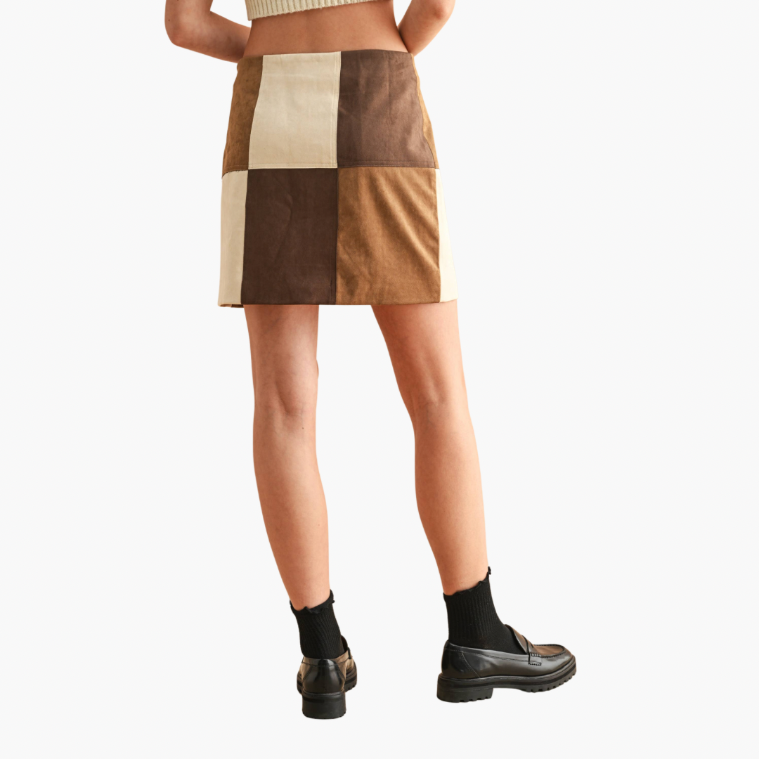 Brown Patch Work Faux Suede Skirt