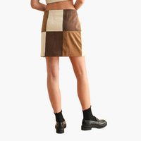 Brown Patch Work Faux Suede Skirt