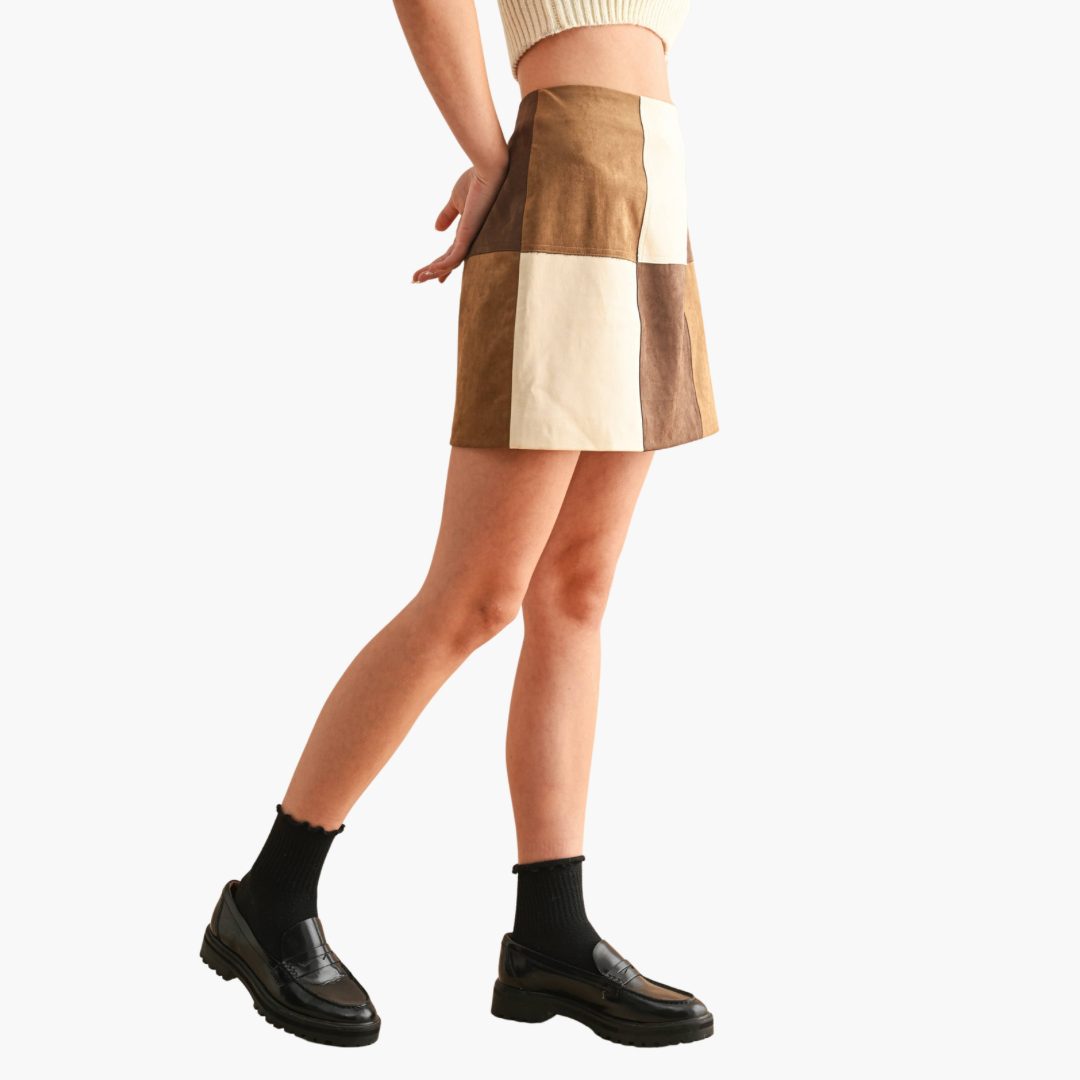 Brown Patch Work Faux Suede Skirt