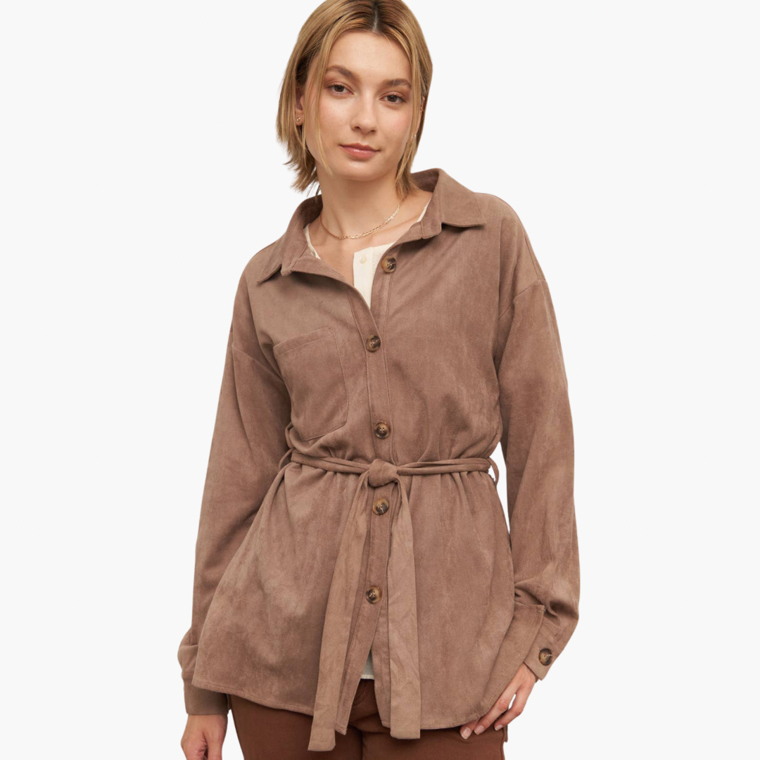 Taupe Suede Shacket with Belt