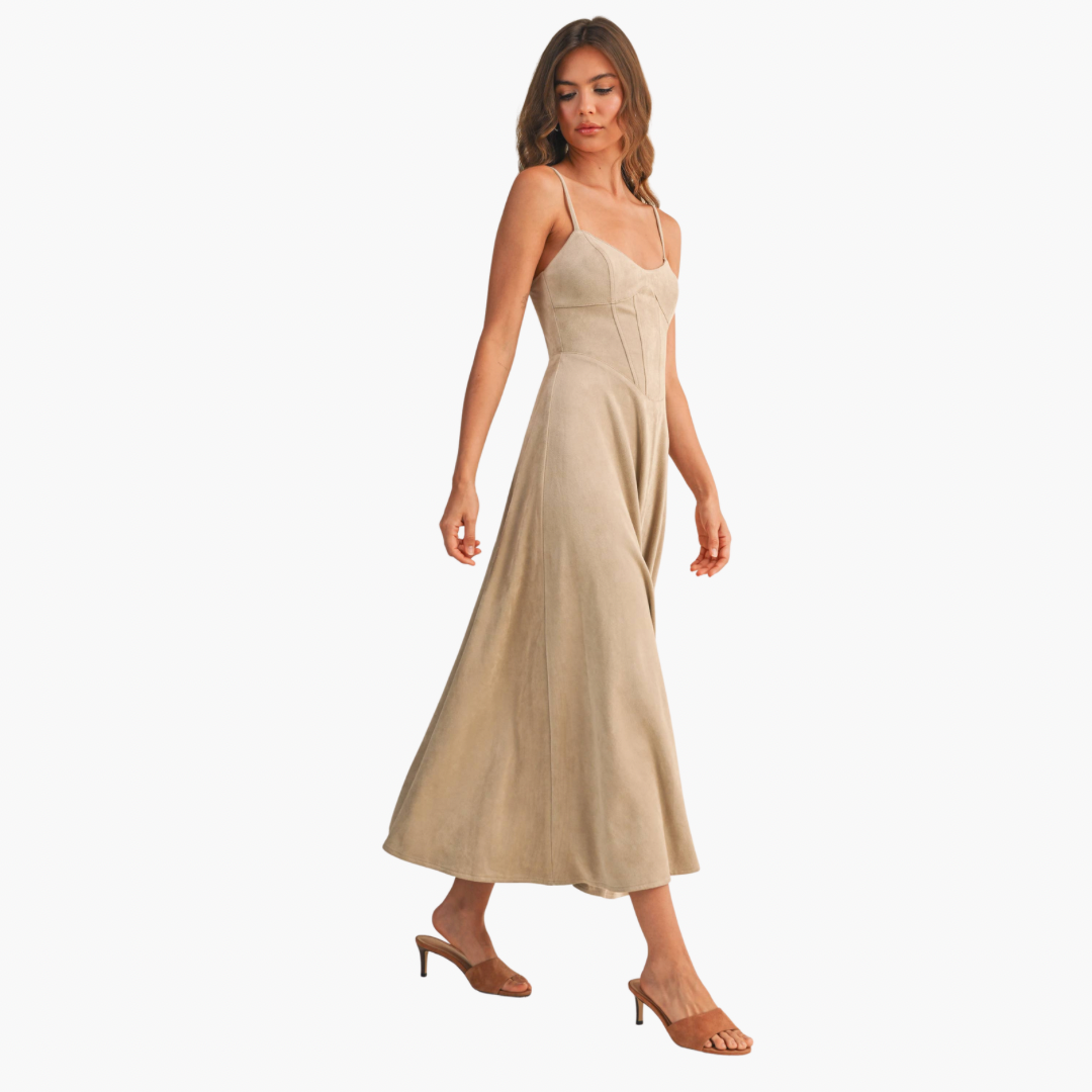 Oatmeal Suede Corset Flared Midi Dress
