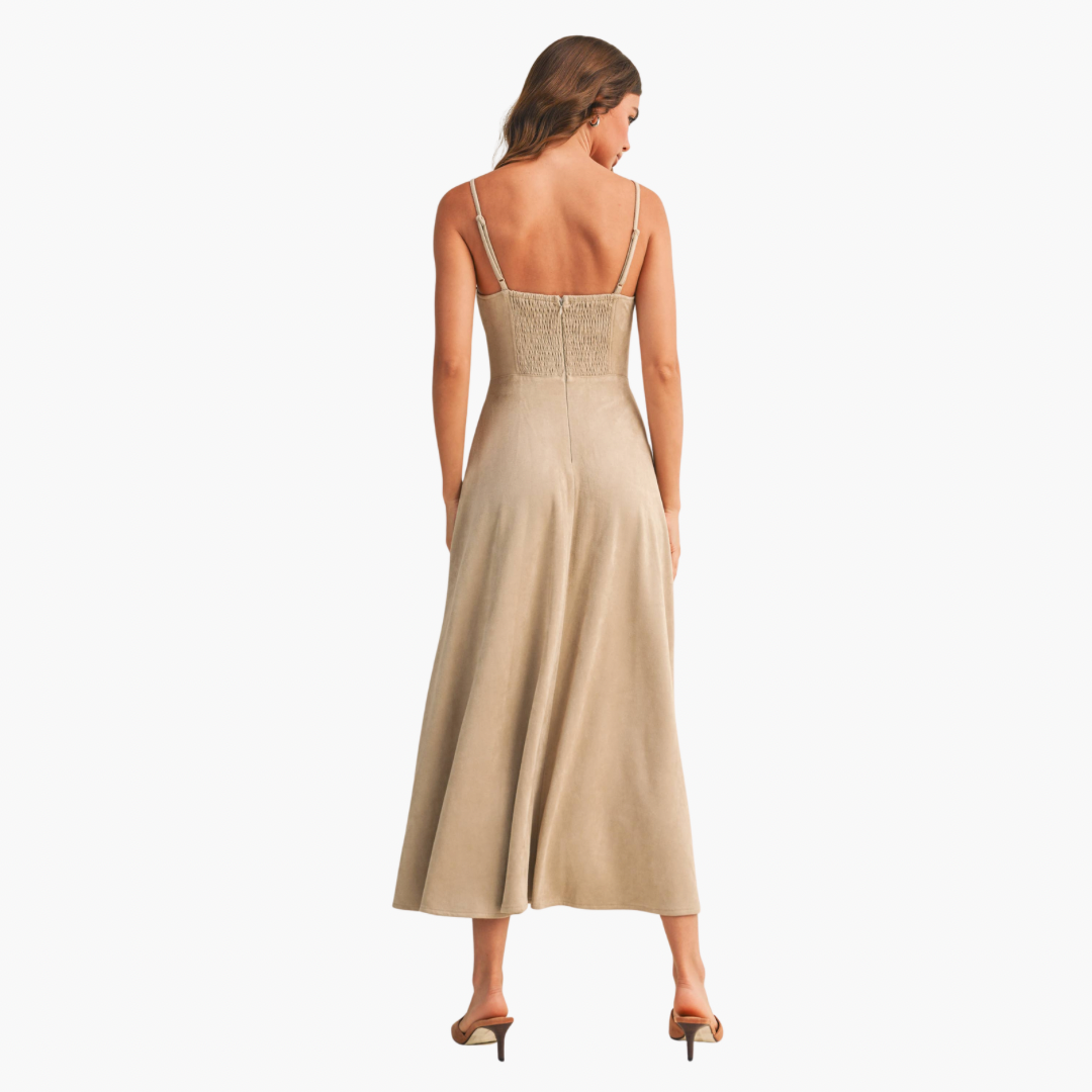 Oatmeal Suede Corset Flared Midi Dress