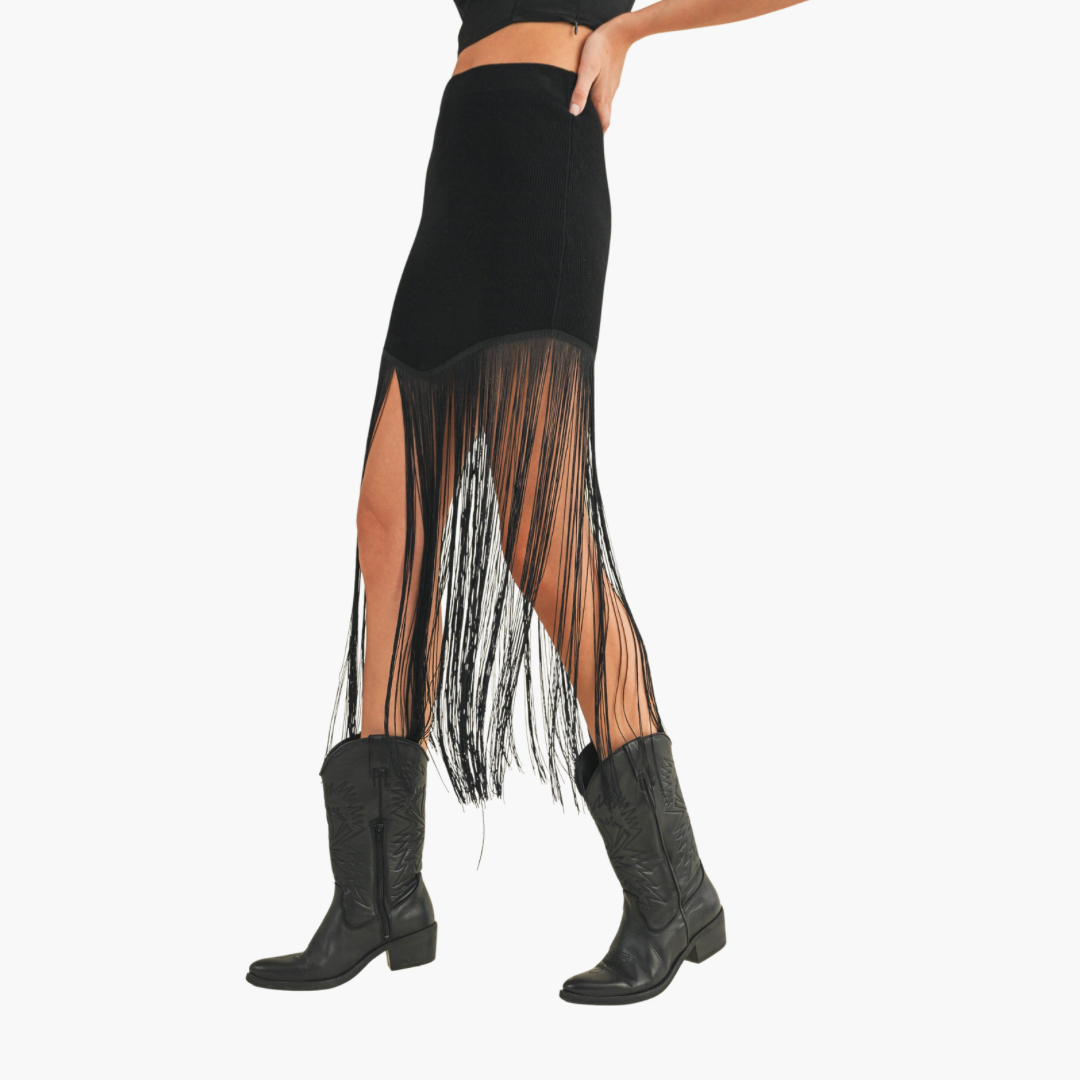 Black Knit Fringe Skirt