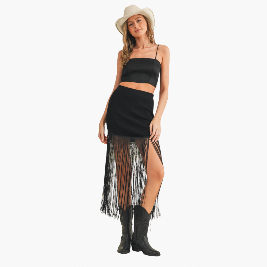 Black Knit Fringe Skirt