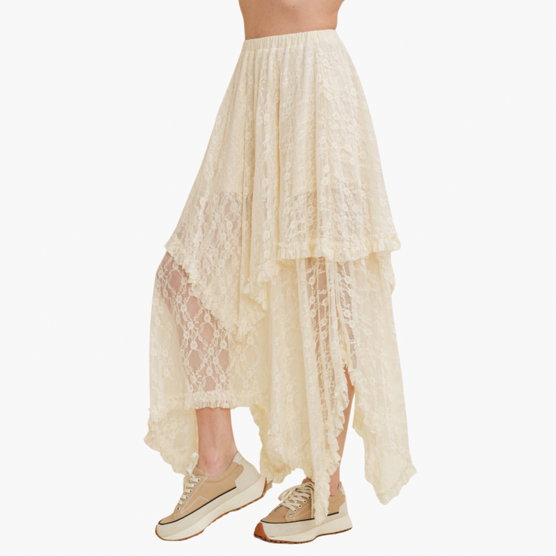 Cream Layered Floral Midi Skirt