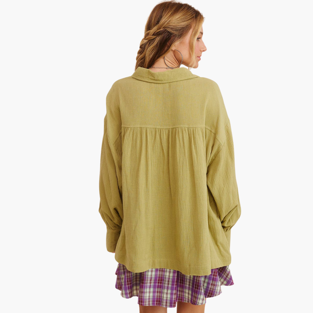 Light Green Gauze Cotton Button-Down Shirt