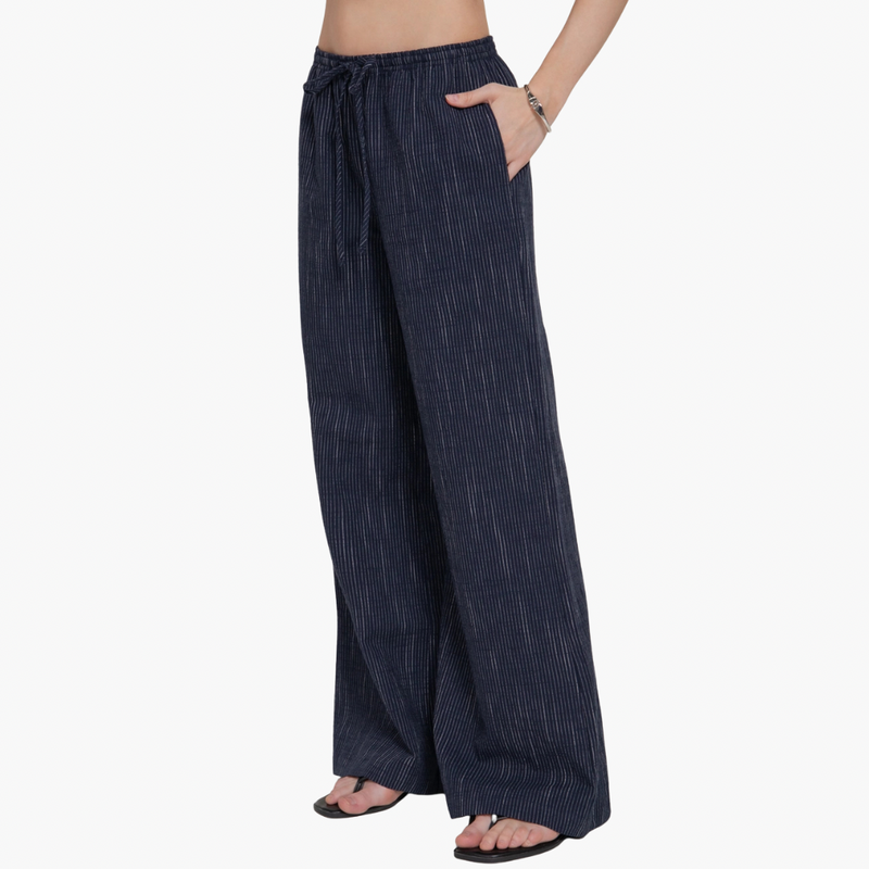 Navy Elastic Waist Striped Cotton Pants