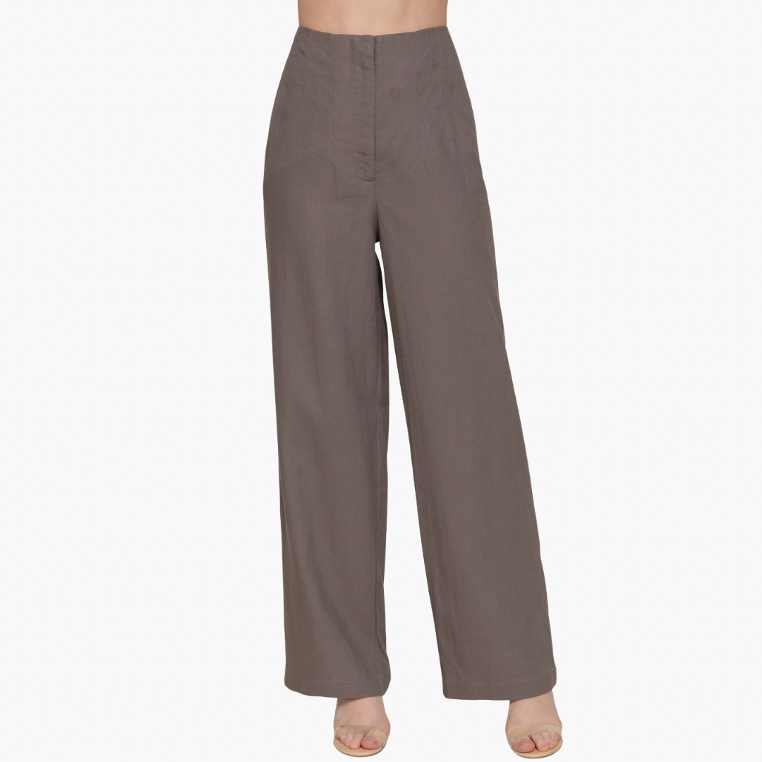 High Waist Pintuck Detail Straight Linen Pants