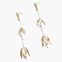 Gold Leaf and Pearl Bud Drop Earrings