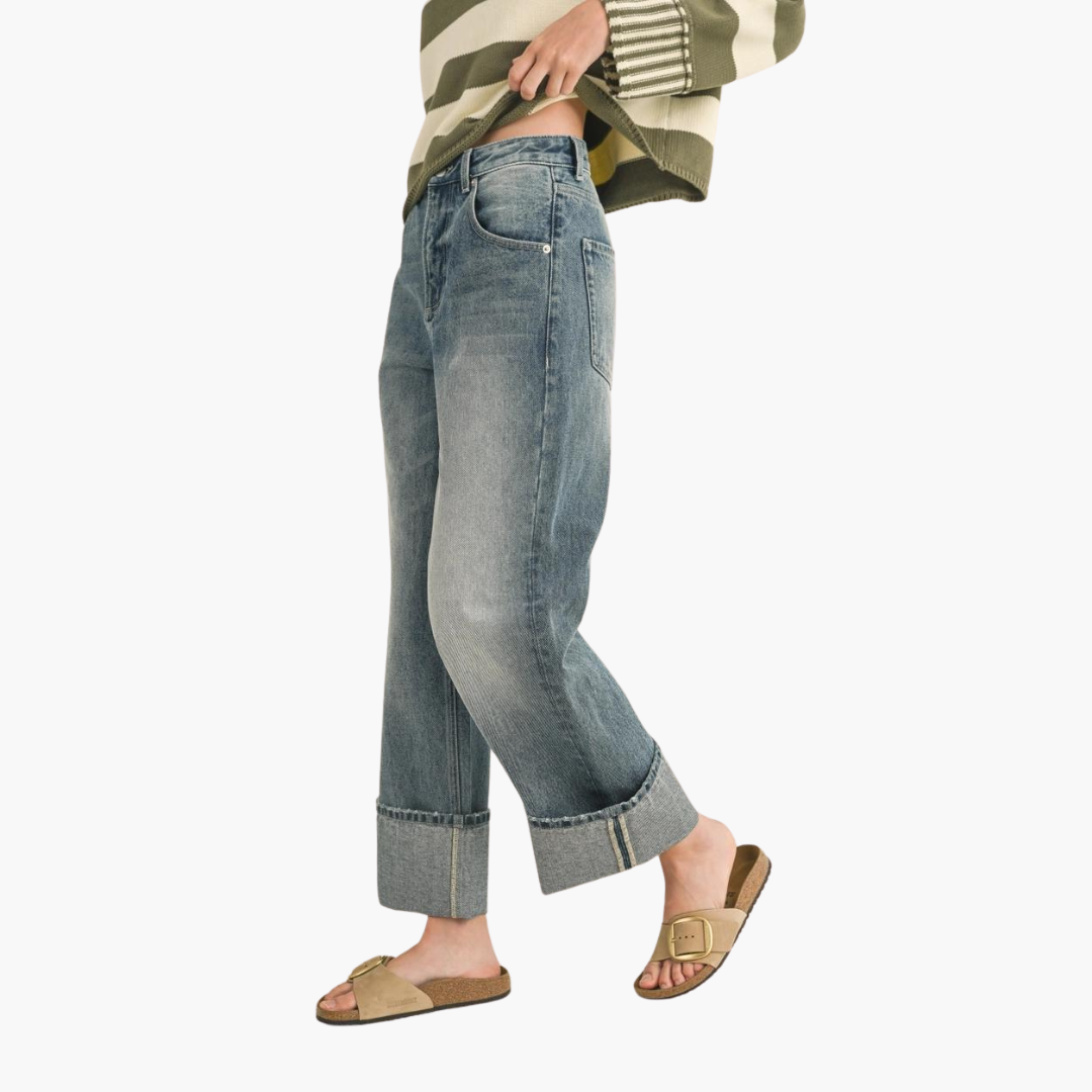 Straight Leg Cuffed Hem Denim Pants