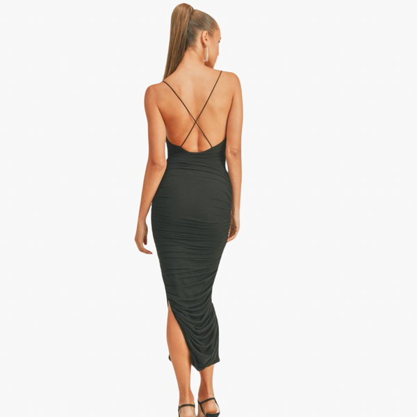 Cross Back Ruched Side Slit Midi Dress