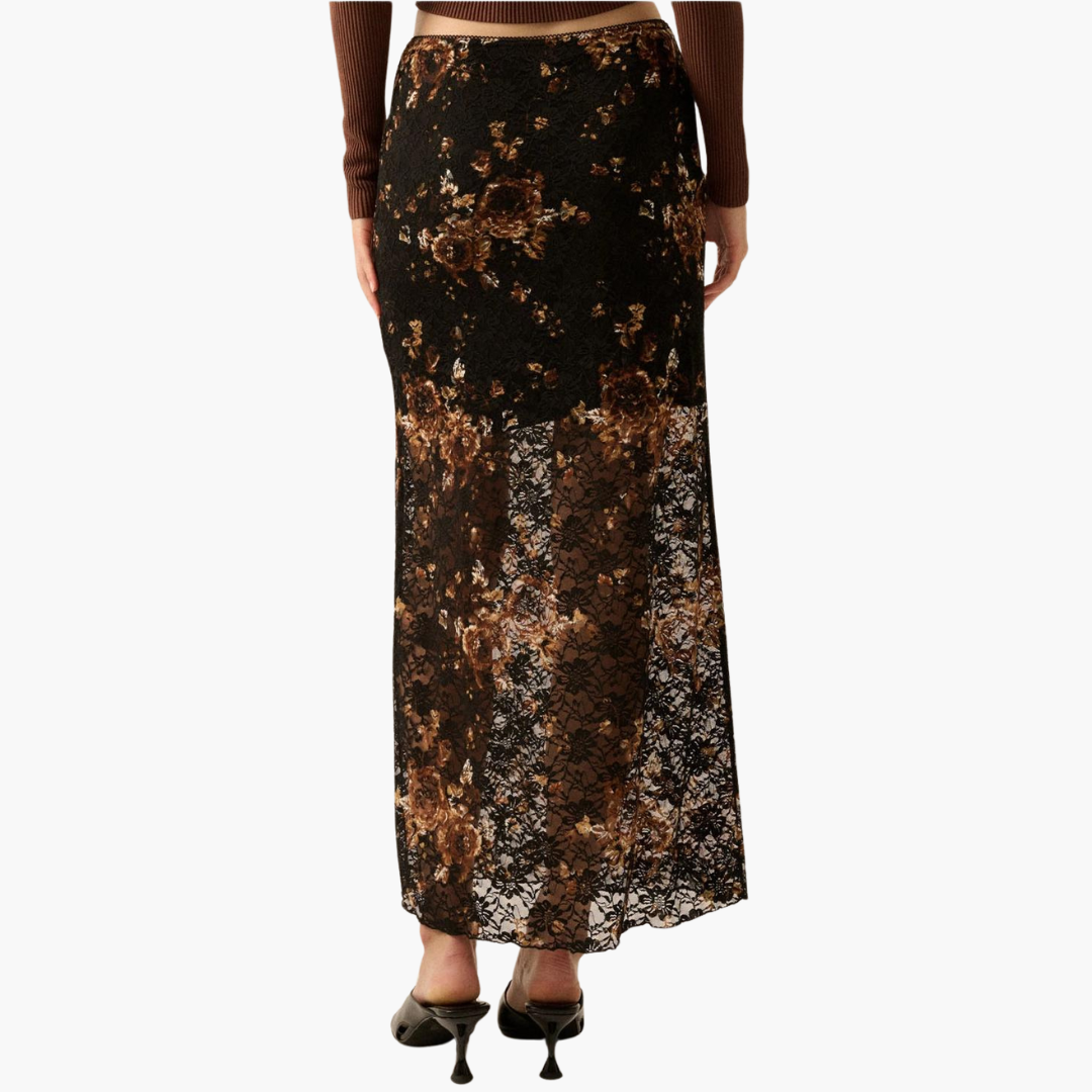 Floral-Print Lace Fitted Maxi Skirt