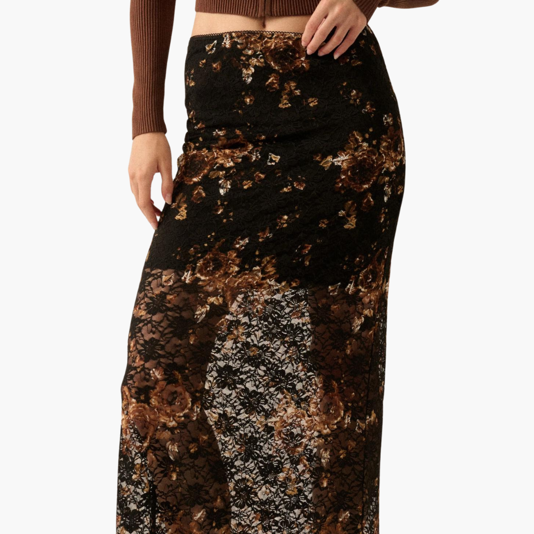 Floral-Print Lace Fitted Maxi Skirt