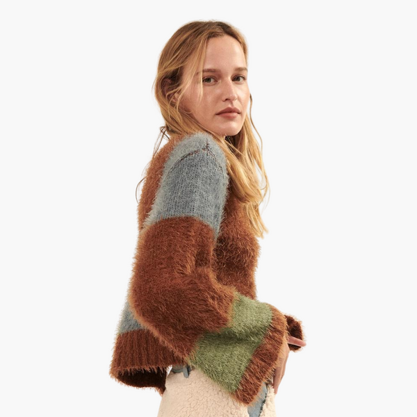 Furry Knit Colorblock Wide-Sleeve Sweater