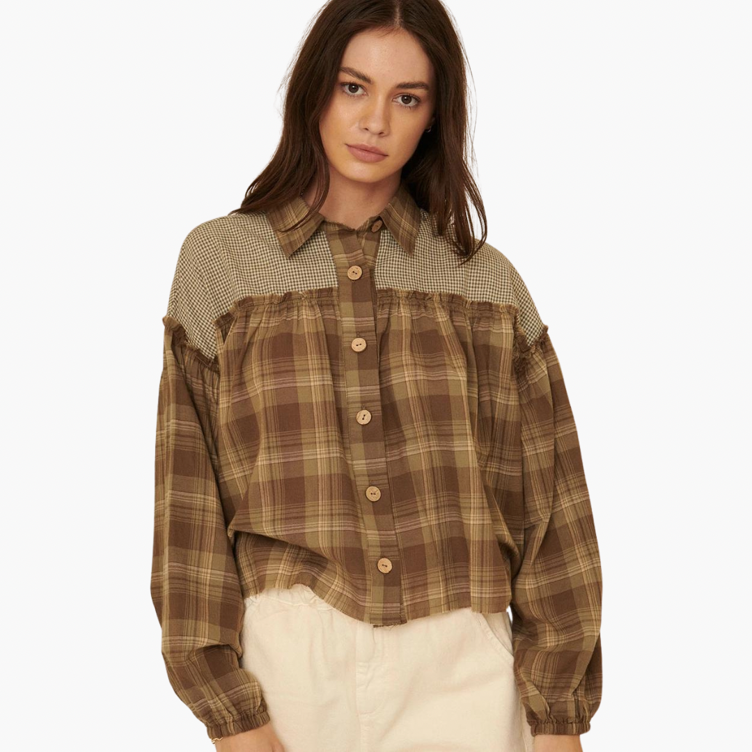 Oversized Plaid Ruffled Seam Blouse