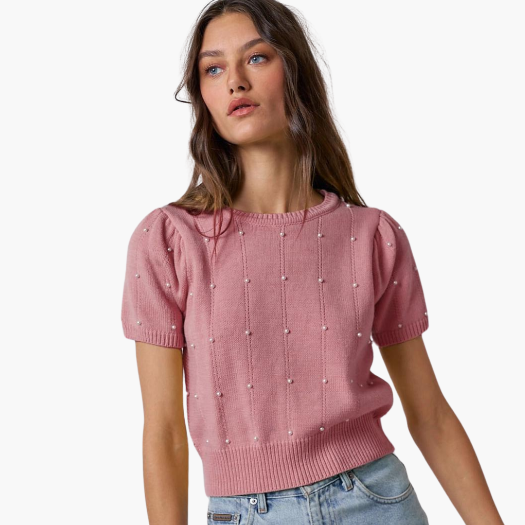 Blush Short Sleeve Sweater with Pearl Details