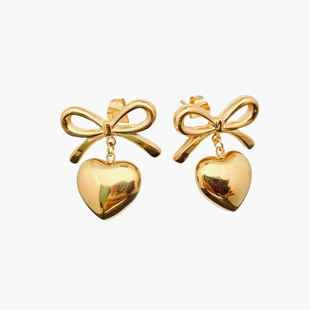 18K Gold Plated Heart Shape Charm Bow Earrings