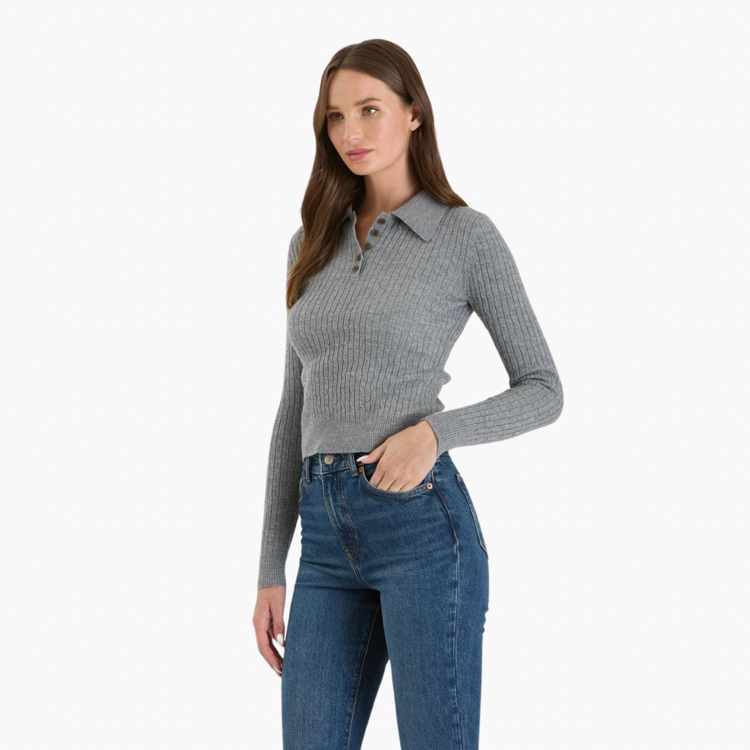 Collared Polo Long Sleeve Knit Top