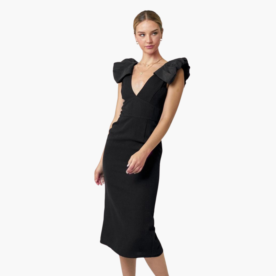 Flutter Sleeve Deep V Neck Midi Dress